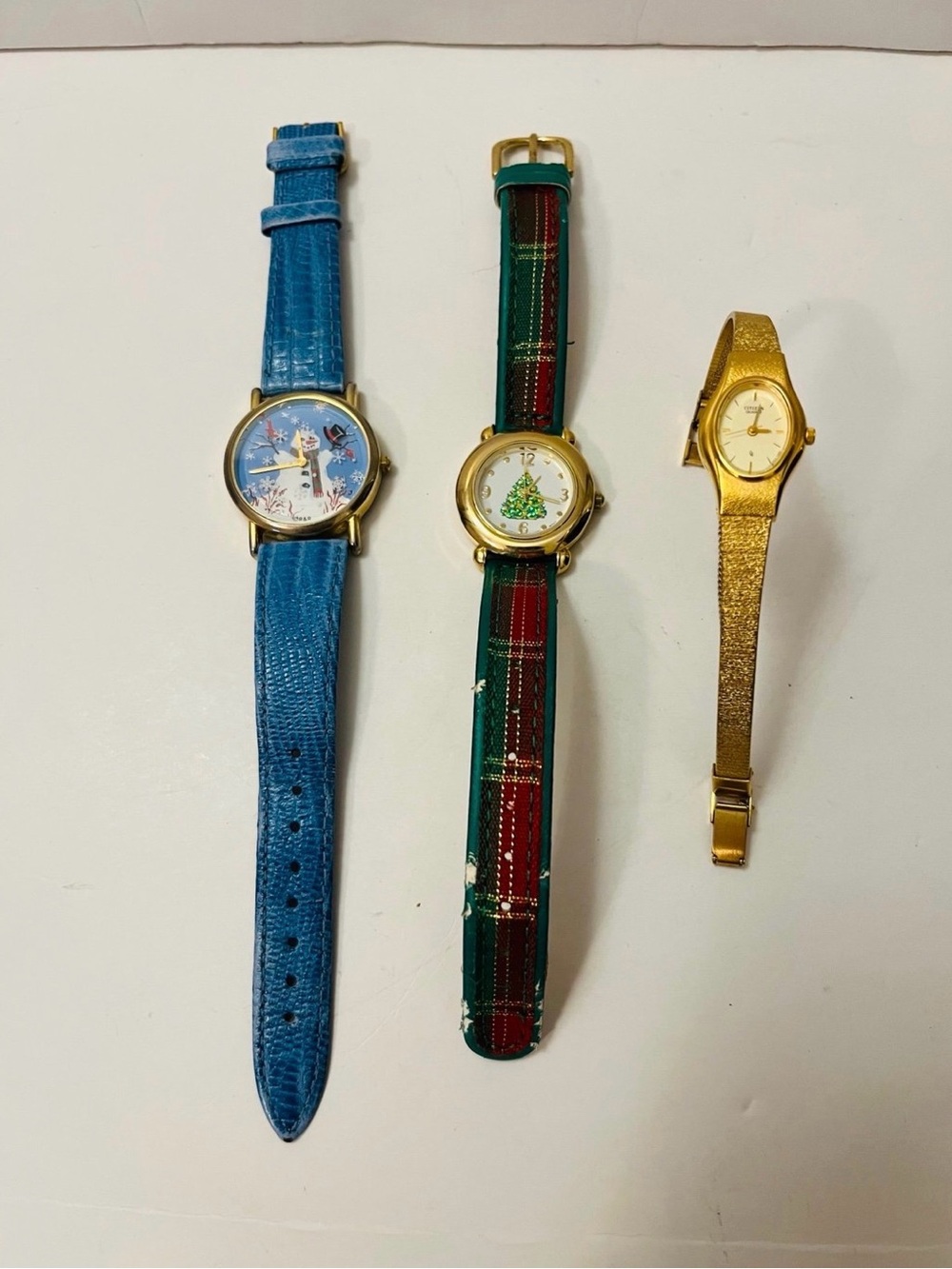 Vintage Women's Watches Lot of 3 Valdawn Snowman Citizen Quartz & Christmas Tree